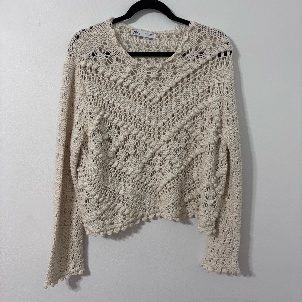 Zara Coastal Cottagecore Crochet Sweater‎ Casual Boho Western Pullover Women M